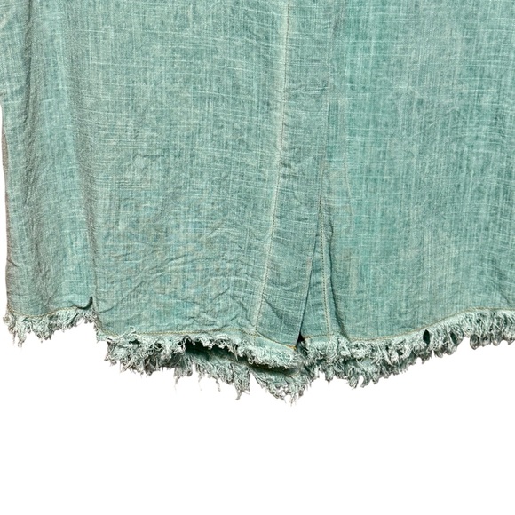 Umgee Linen Cotton Raw Fringe Hem Split Back Button Front Teal Lagenlook Blouse - Picture 6 of 11